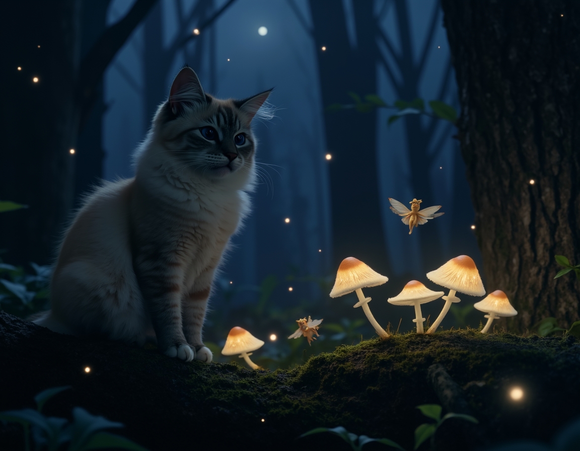 Cat explores a twilight forest alive with bioluminescent mushrooms, sparkling fireflies, and fluttering fairies. The scene captures a sense of enchantment and mystery under the soft glow of moonlight.